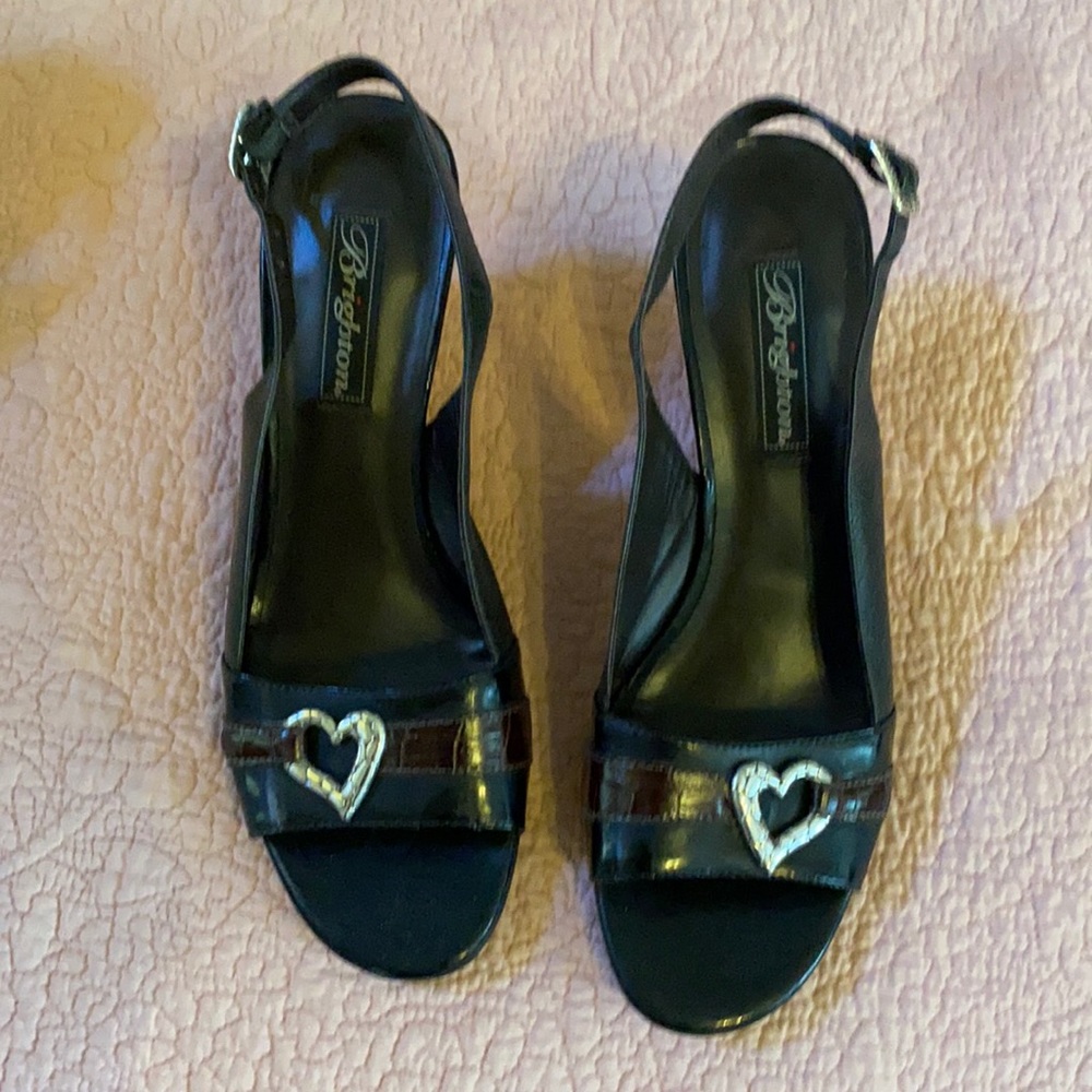 Brighton black leather sling back wedge silver heart brown alligator skin Size 9